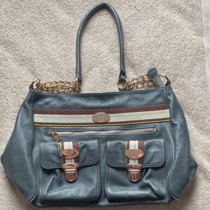 Christine Price Gray Leather Shoulder Bag with Gold Accents